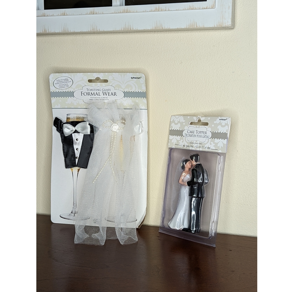 Bride & Groom Wedding Champagne Flute Covers 2pc & cake topper